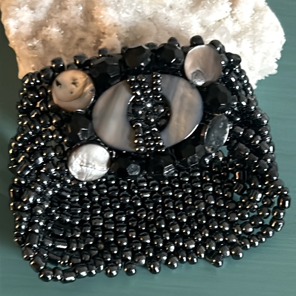 Hematite and Mother of Pearl Beads Multi-Strand Stretch Cuff Bracelet - Picture 4 of 5